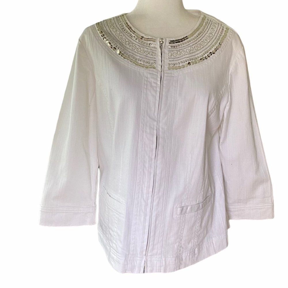 JM Collection Women’s White Cotton Jeweled Jacket SZ 14